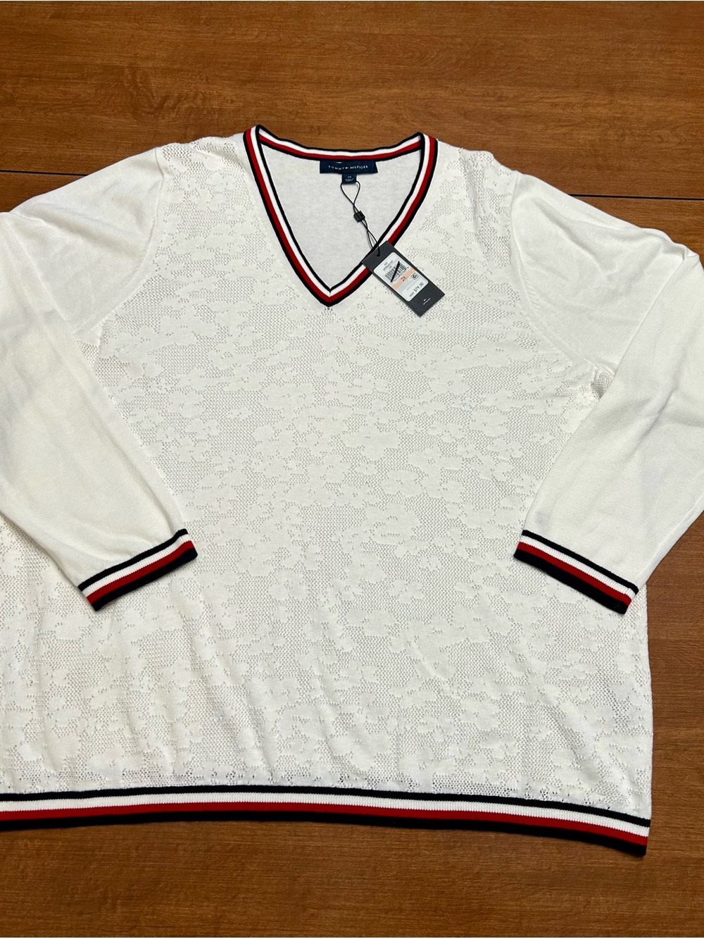 Tommy Hilfiger White V-Neck Sweater with Red & Navy Stripe Trim